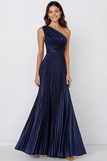One Shoulder Navy Satin Mermaid Formal Dress